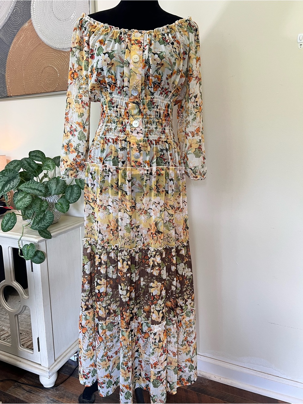 Fig & Flower Floral Smocked Maxi Dress Boho Cottagecore Tiered Button Front Sz S